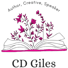 Open book with purple flowers and text reading Author, Creative, Speaker above CD Giles name