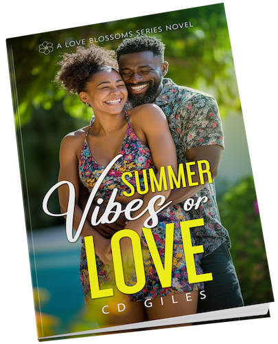 Book cover showing a smiling couple embracing outdoors with greenery background, titled Summer Vibes or Love by CD Giles