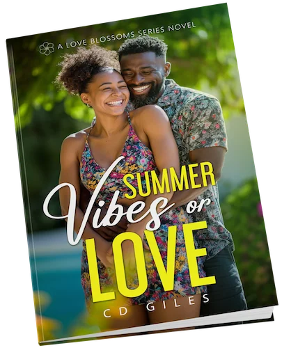 Book cover showing a smiling couple embracing outdoors with greenery background, titled Summer Vibes or Love by CD Giles