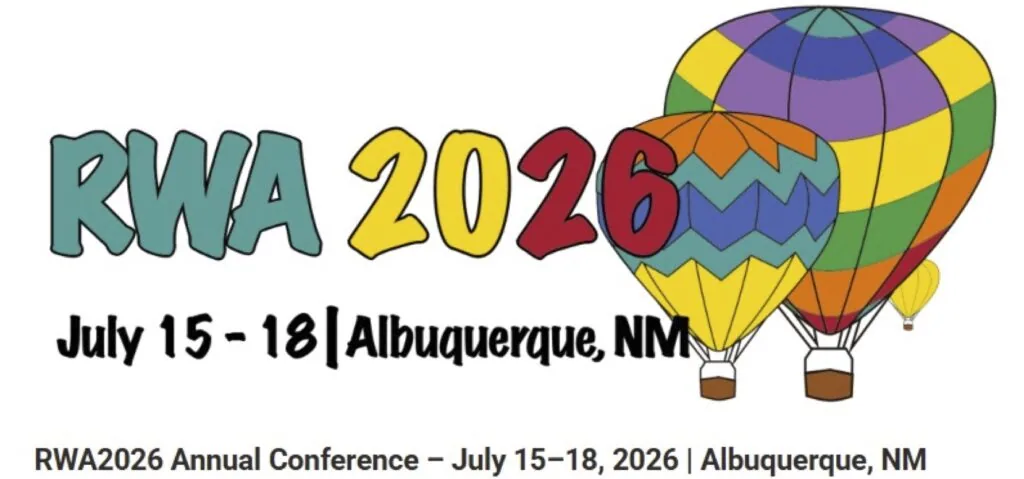 RWA 2026 conference logo with colorful hot air balloons and text showing July 15-18 in Albuquerque, NM