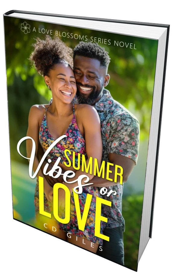 Book cover showing couple embracing outdoors with green background, titled Summer Vibes of Love, A Love Blossoms Series Novel